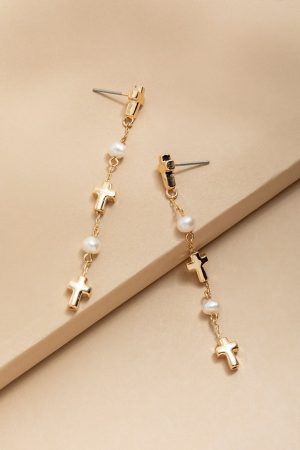 Mary Pearls And Crosses Drop Earrings