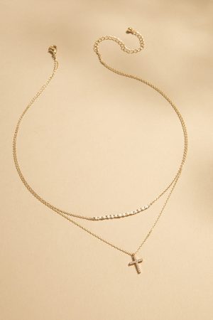 Vivian Bead Station Layered Cross Pendant Necklace