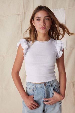 Hello Franki Sleeveless Ribbed Ruffle Tee for girls White