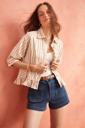 Dana Ruffled Striped Button Down Top