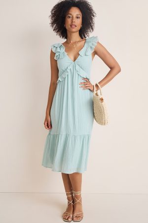 Kadence Flutter Sleeve Bow Back Sage Midi Dress