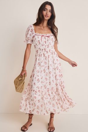 Ella Ditsy Floral Puff Sleeve Midi Dress