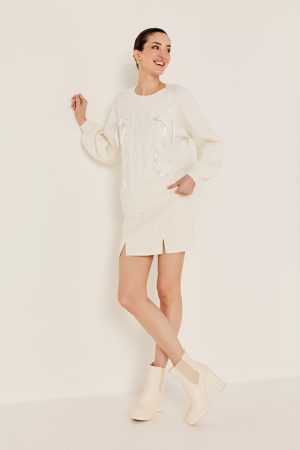 Holly Ribbon Front Cable Pullover Sweater