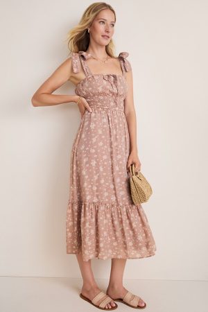 Tina Ditsy Floral Tie Strap Smocked Midi Dress