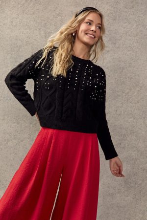 Beverly Pearl Embellished Cable Pullover Sweater Black
