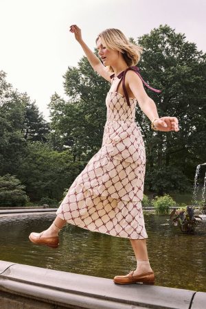 Angie Bow-Print Smocked Tiered Midi Dress