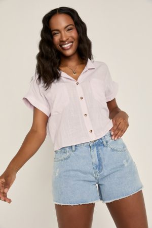 Gena Short Sleeve Cropped Button Down Top
